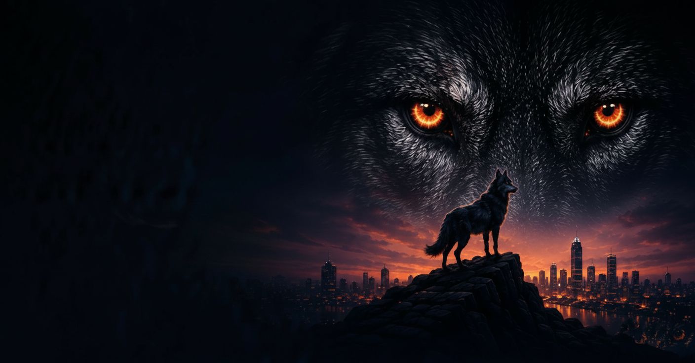 Dramatic wolf with glowing orange eyes over futuristic city skyline